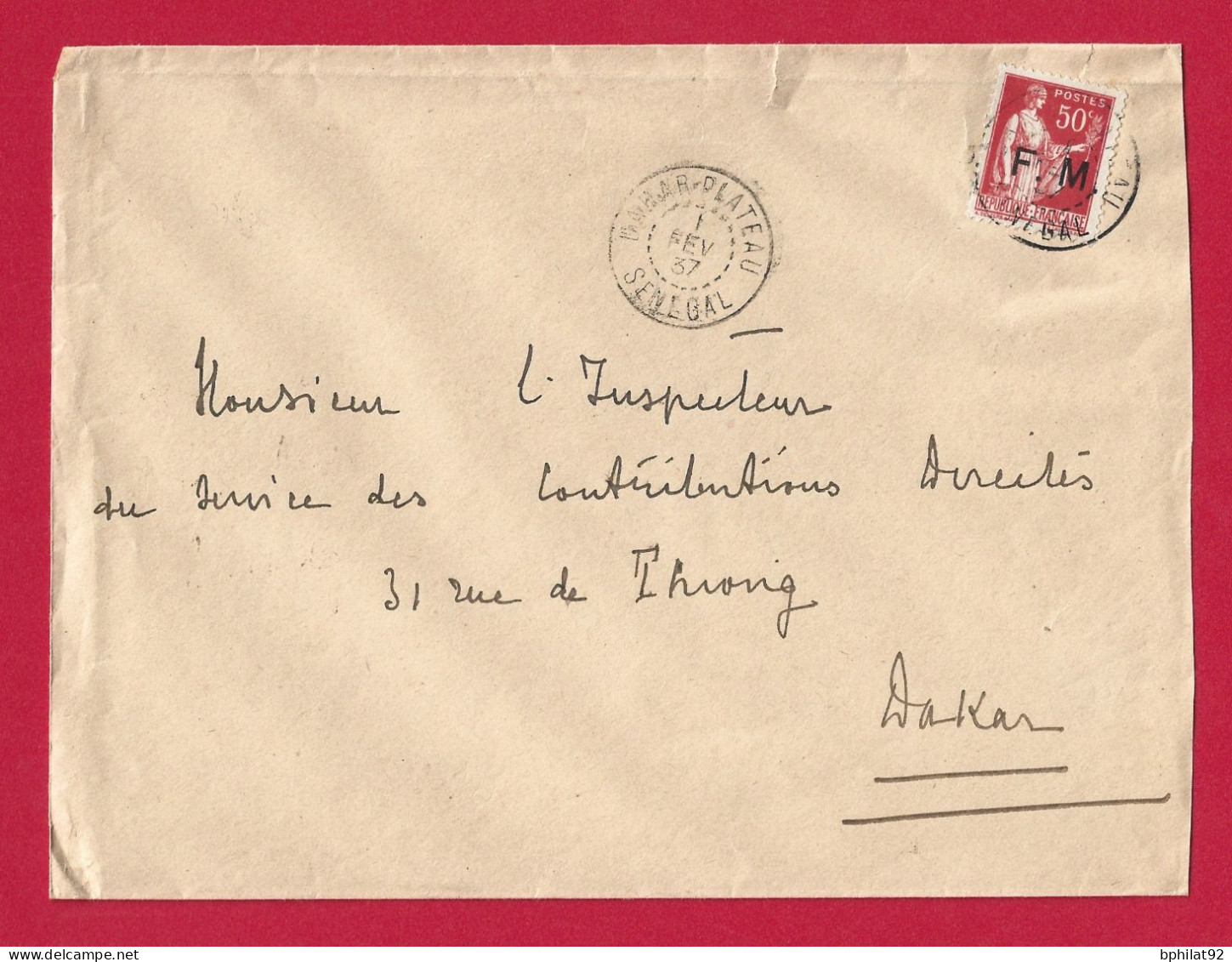 !!! SÉNÉGAL, LETTRE FM TYPE PAIX DE DAKAR-PLATEAU DE 1937 - Lettres & Documents