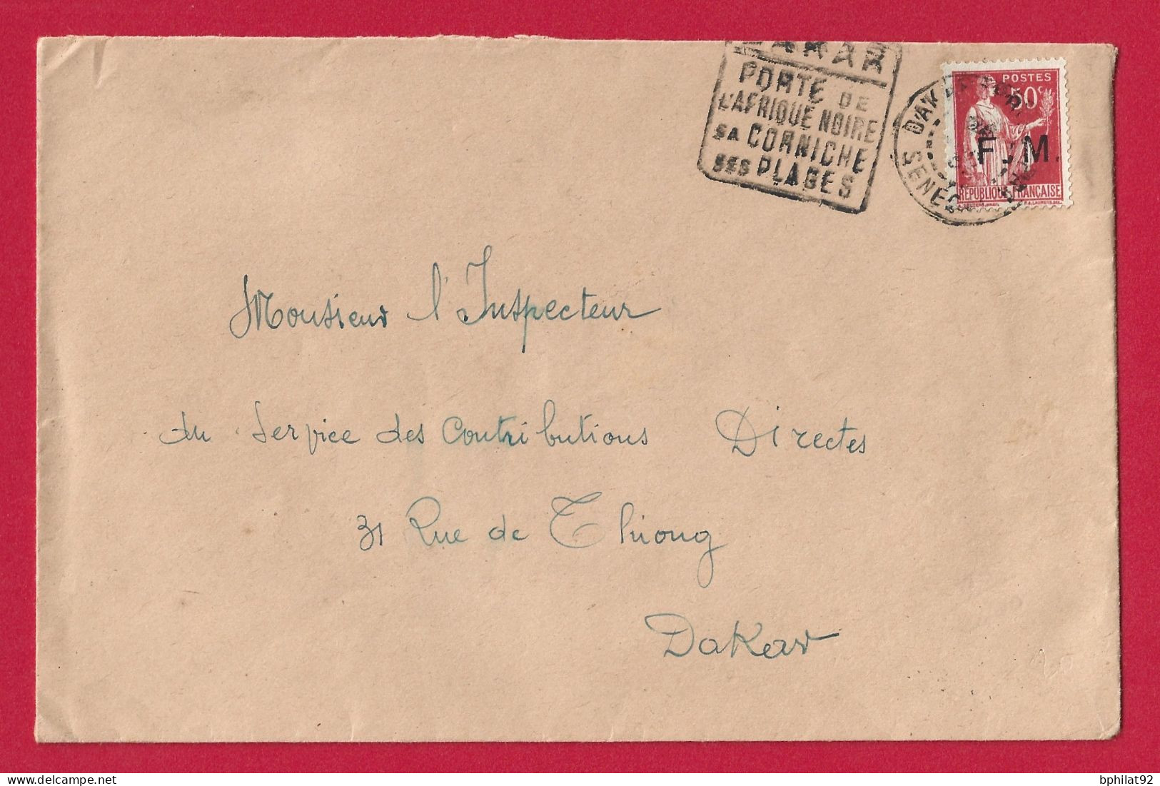 !!! SÉNÉGAL, LETTRE FM TYPE PAIX POUR DAKAR DE 1937 AVEC AFFRANCHISSEMENT DAGUIN - Storia Postale