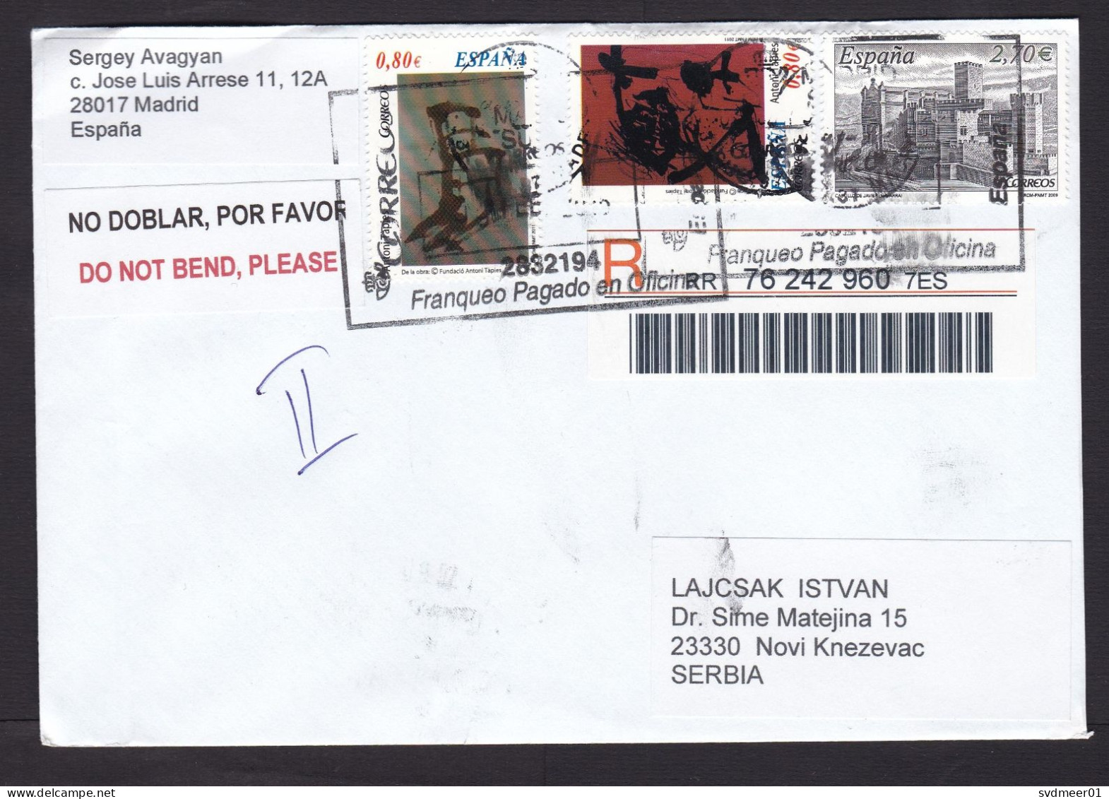 Spain: Registered Cover To Serbia, 2015, 3 Stamps, History, CN22 Customs Label (minor Damage, Ugly Cancel) - Storia Postale