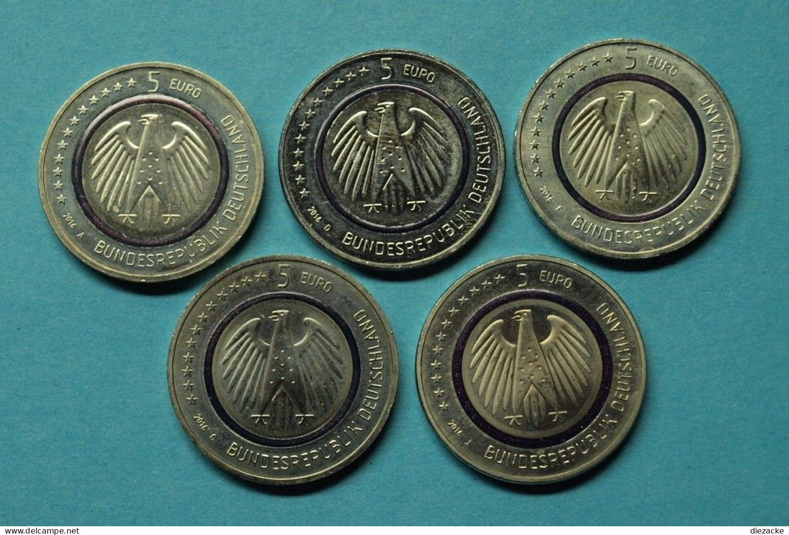 Bund 2016 5 X 5 Euro Planet Erde A, D, F, G Und J, Blauer Polymerring ST (EM184 - Gedenkmünzen