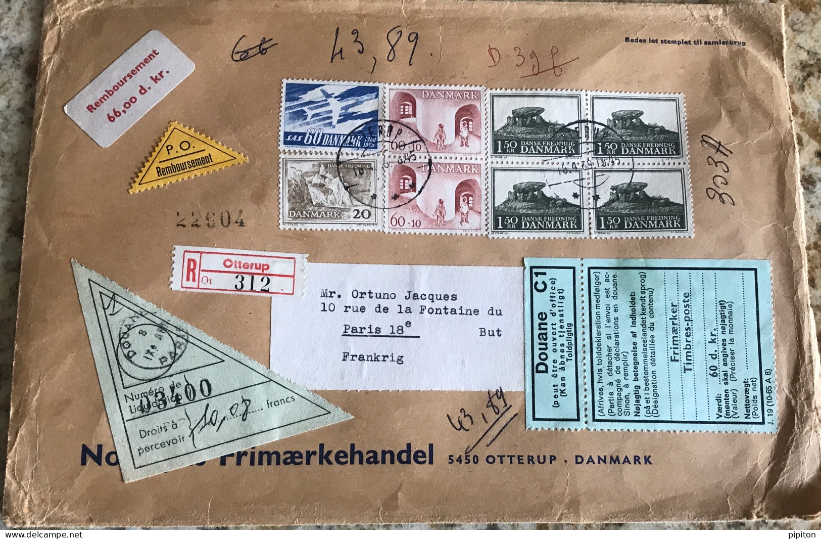 RARE Lettre Recommandée Du Danemark Vers La France Taxée Et Multiples Cachets Droits Douane, Remboursement - Cartas & Documentos