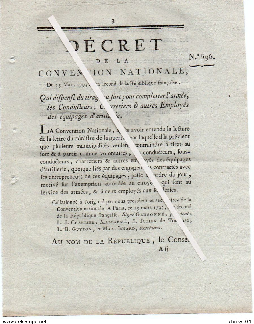 3V4x   Décret De La Convention Nationale 1793 Tirage Au Sort Armée Conducteurs Charretiers équipages Artillerie - Décrets & Lois