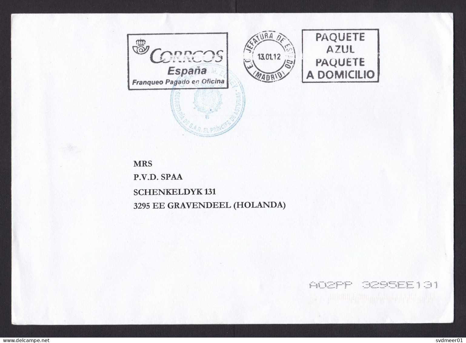 Spain: Cover To Netherlands, 2012, Post Office Paid Cancel, Cancel Secretary Of King, Royalty (traces Of Use) - Cartas & Documentos