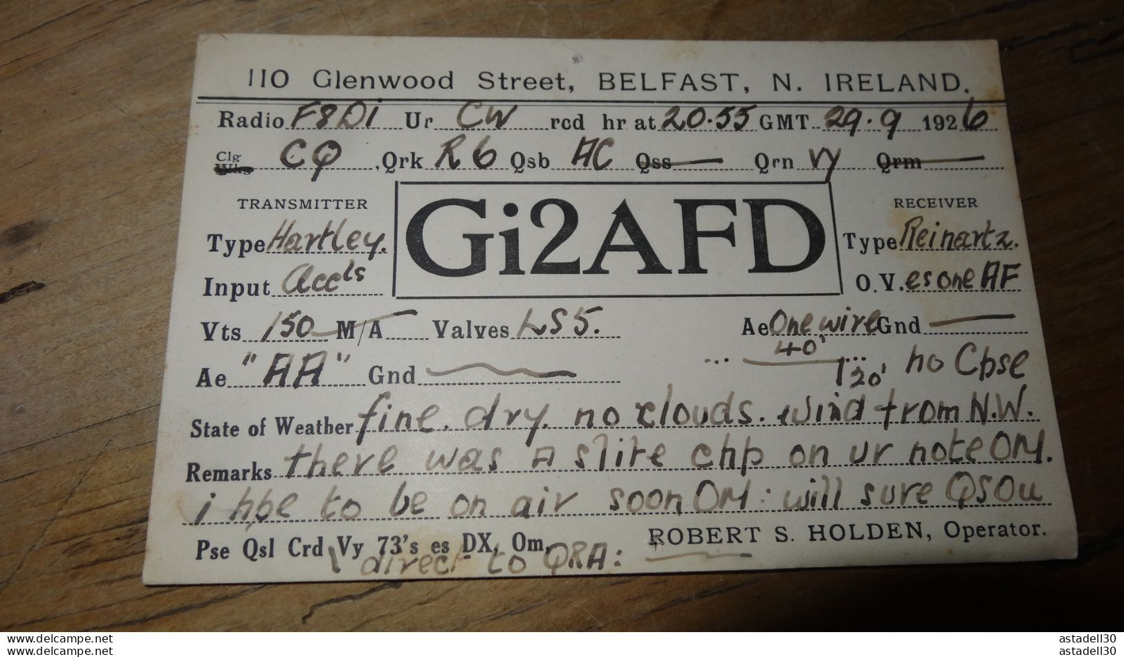 QSL - N.IRELAND, Robert HOLDEN, BELFAST, Gi2AFD De 1926 ........... PHI ..... QSL-18 - Radio Amateur