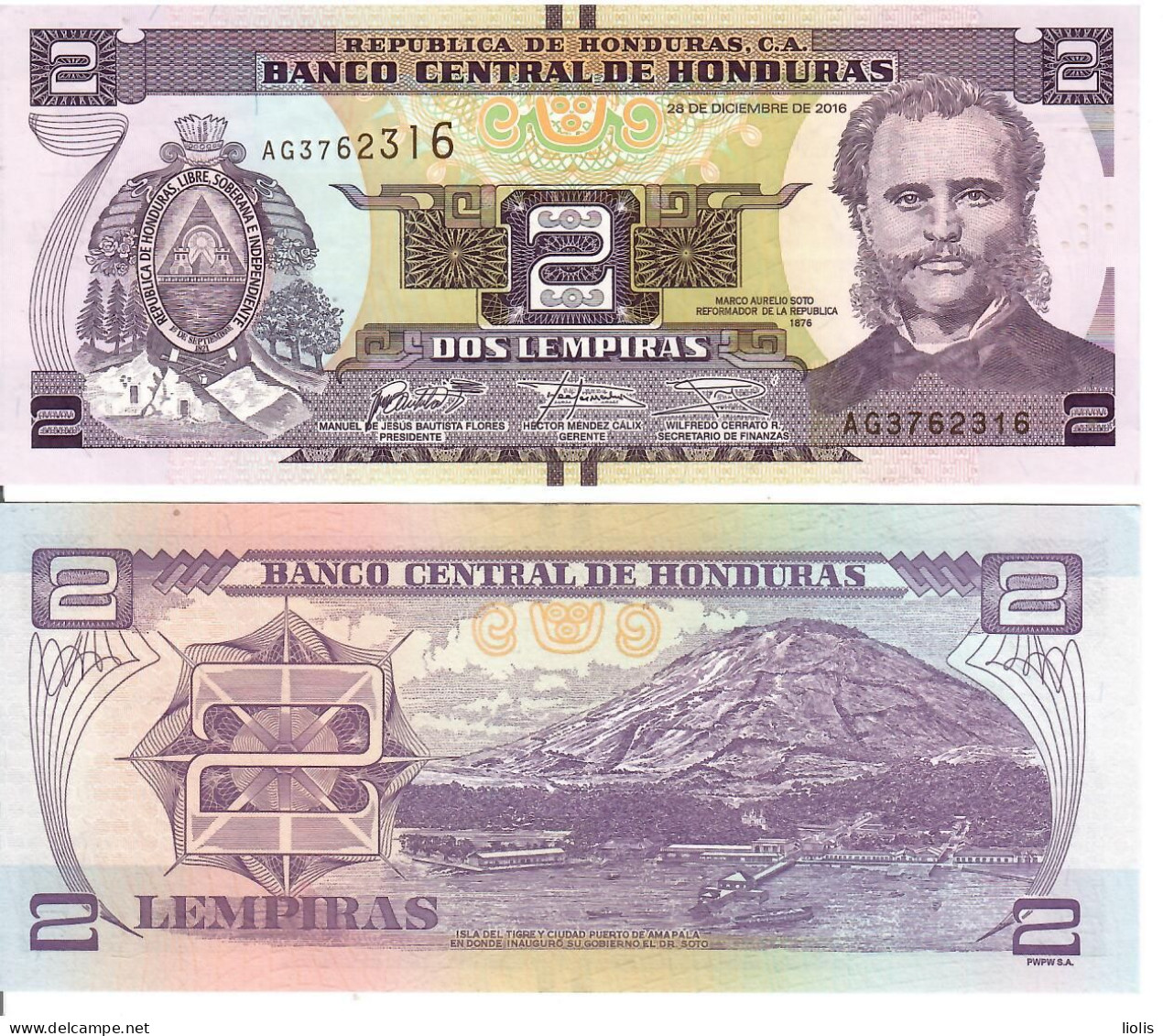 Honduras P-97c  2Lempiras 2016 UNC - Honduras