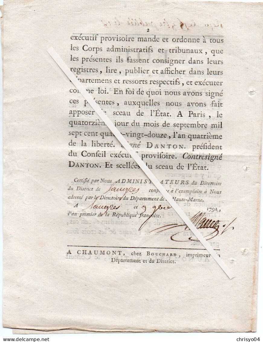 3V4x   Langres Loi 1792 Relative Aux Vétérans De La Garde Nationale Militaires Armée - Décrets & Lois