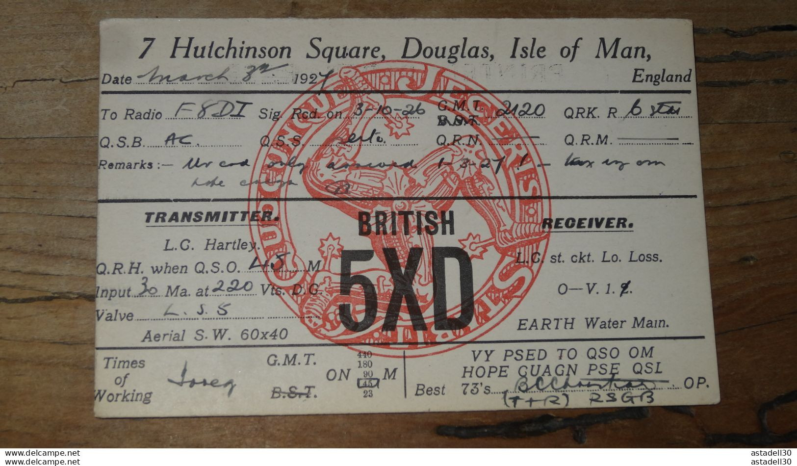 QSL - Isle Of Man, Douglas - 5XD, 1927 ........... PHI ..... QSL-1 - Radio Amateur