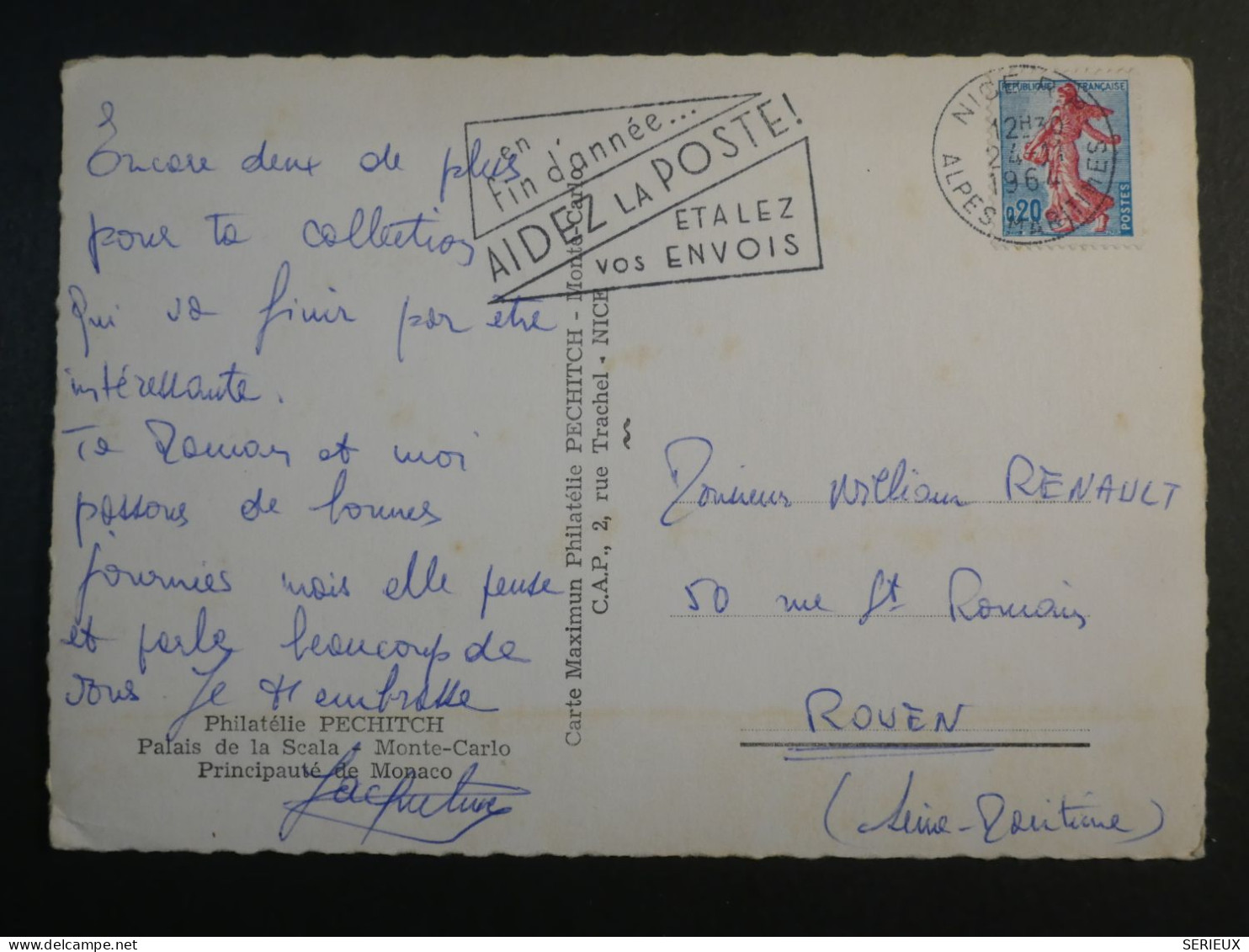 DM 16 MONACO  CARTE CURIOSITé 1963 NICE  A ROUEN FRANCE  +AFF. INTERESSANT++++ - Storia Postale