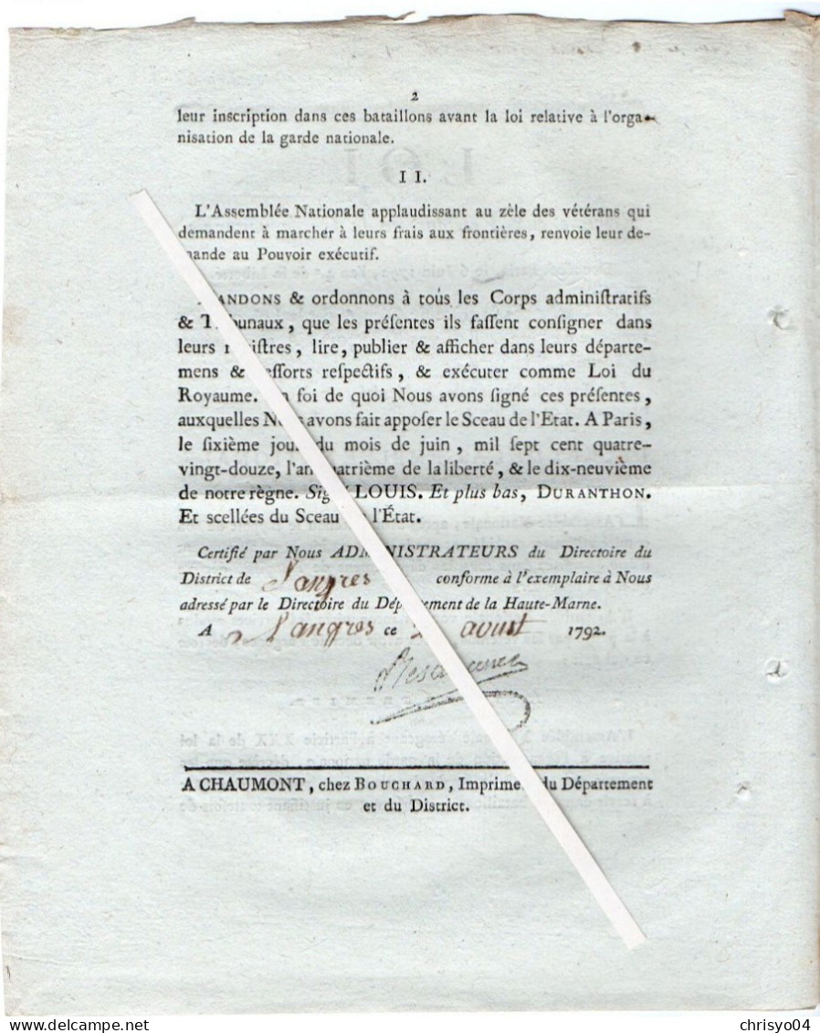 3V4x   Langres Loi 1792 Relative Aux Vétérans De La Garde Nationale Militaires Armée - Decreti & Leggi