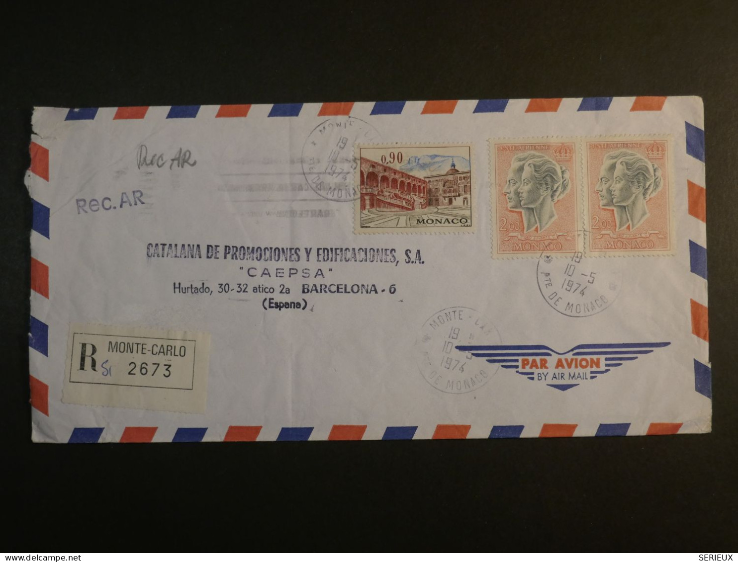 DM 16 MONACO LETTRE  RECO 1974 MONTE CARLO A BARCELONA ESPANA  +AFF. INTERESSANT++++ - Cartas & Documentos