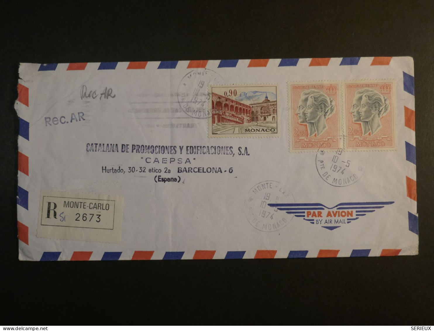 DM 16 MONACO LETTRE  RECO 1974 MONTE CARLO A BARCELONA ESPANA  +AFF. INTERESSANT++++ - Covers & Documents