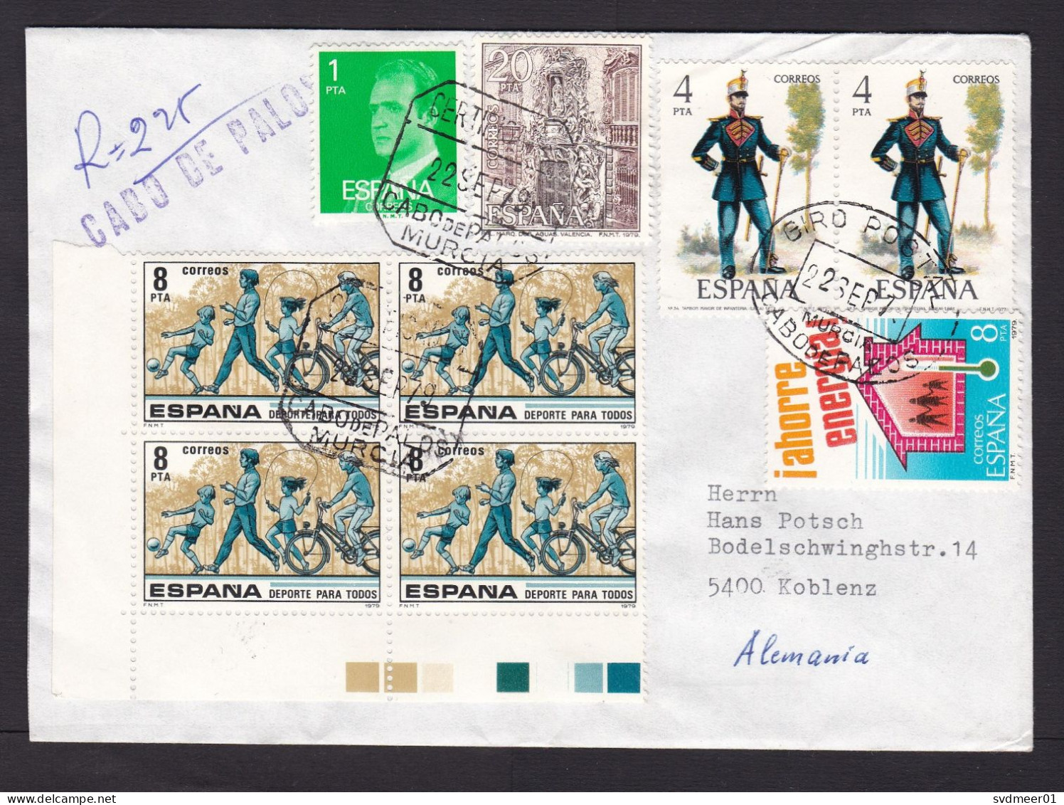 Spain: Registered Cover To Germany, 1979, 9 Stamps, Military Uniform, Sports, Energy, History (traces Of Use) - Cartas & Documentos