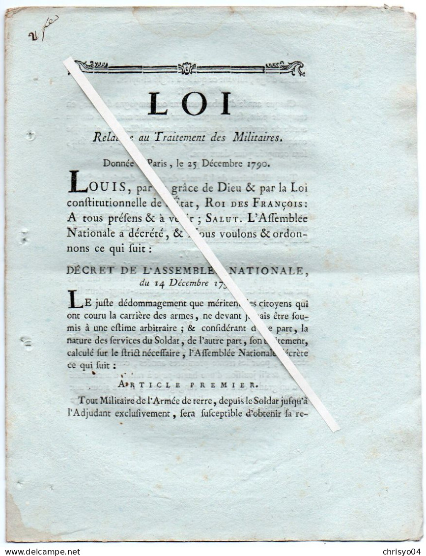 3V4x   Langres Loi 1790 Relative Au Traitement Des Militaires Armée Française - Décrets & Lois