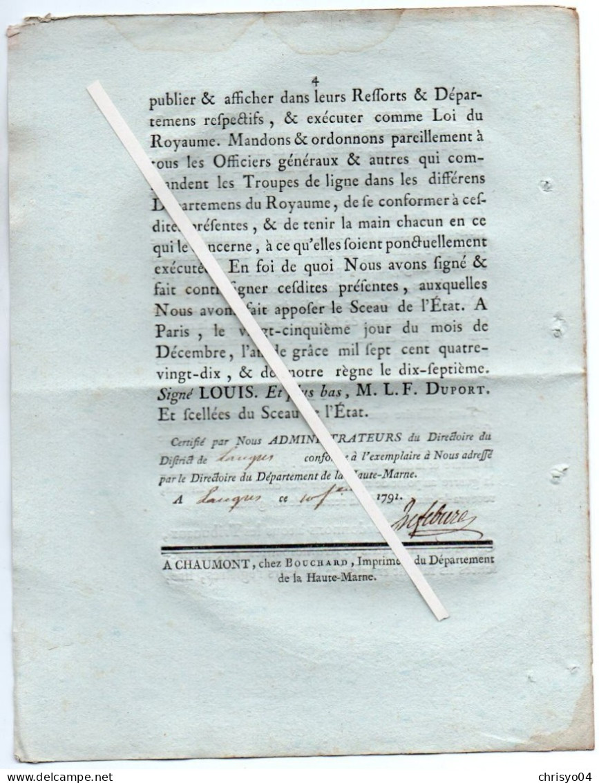 3V4x   Langres Loi 1790 Relative Au Traitement Des Militaires Armée Française - Decreti & Leggi