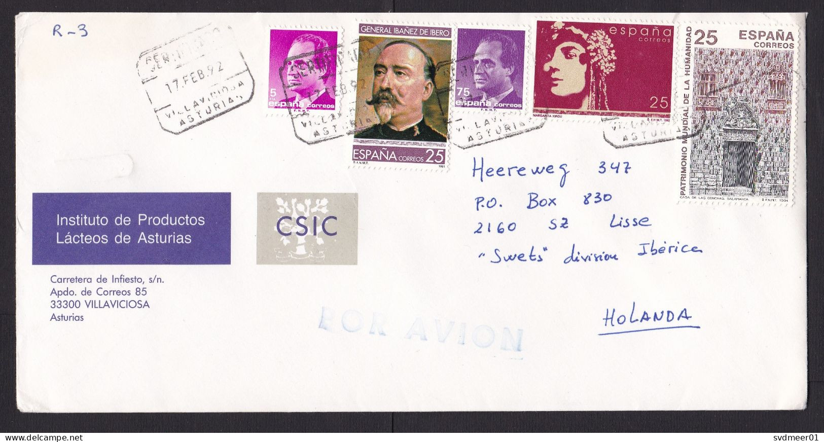 Spain: Airmail Cover To Netherlands, 1992, 5 Stamps, History, Lady, General, King (minor Damage) - Briefe U. Dokumente