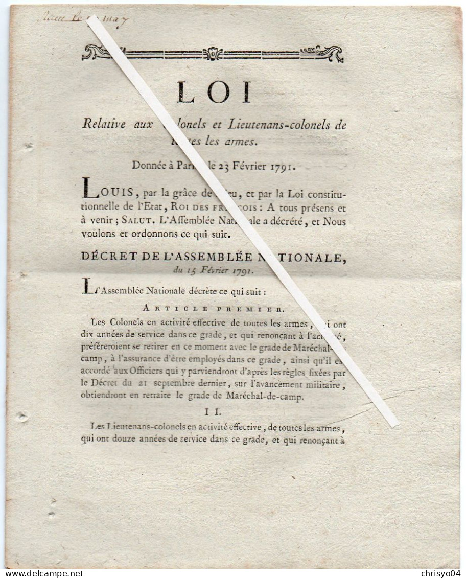 3V4x   Langres Loi 1791 Relative Aux Colonels Et Lieutenants Colonels De Toutes Les Armes Armée Française - Décrets & Lois