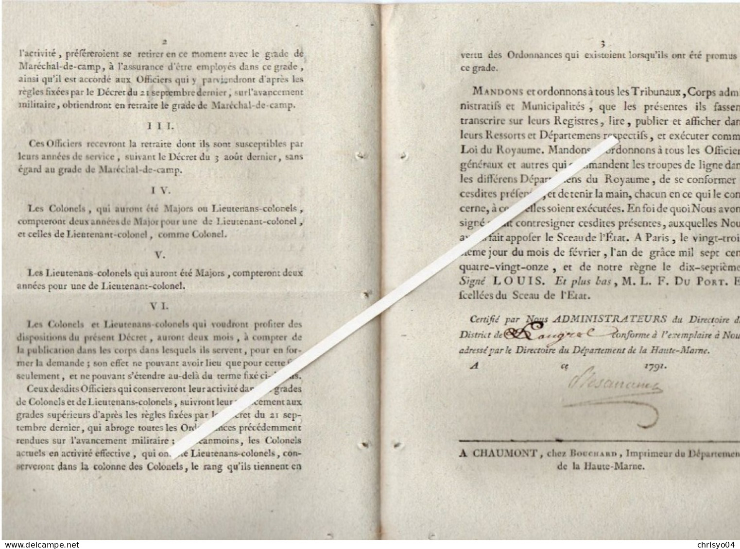 3V4x   Langres Loi 1791 Relative Aux Colonels Et Lieutenants Colonels De Toutes Les Armes Armée Française - Decreti & Leggi