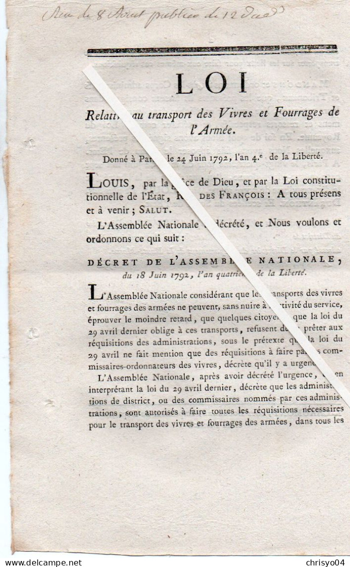3V4x   Langres Loi 1792 Relative Au Transport Des Vivres Et Fourrages De L'armée Française - Décrets & Lois
