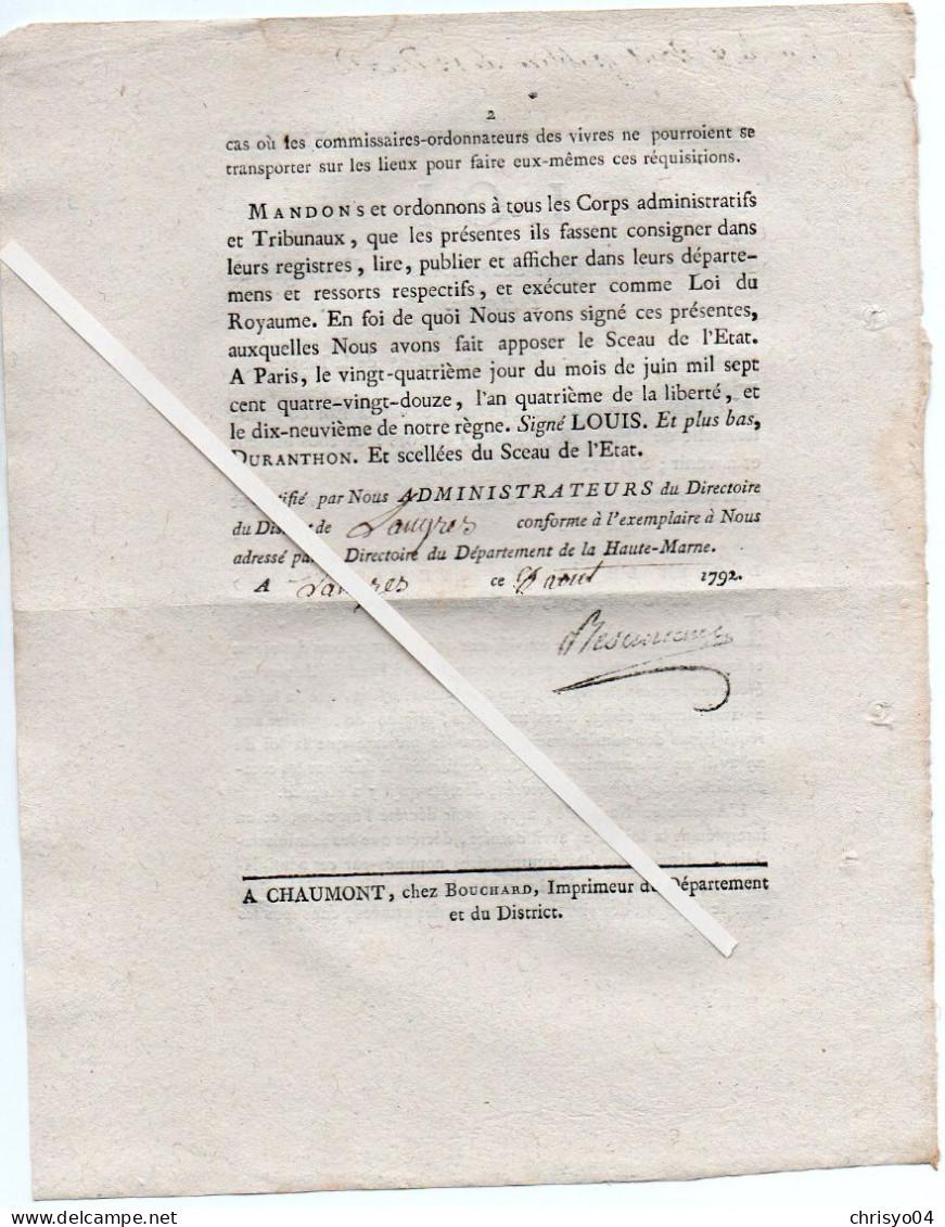 3V4x   Langres Loi 1792 Relative Au Transport Des Vivres Et Fourrages De L'armée Française - Décrets & Lois