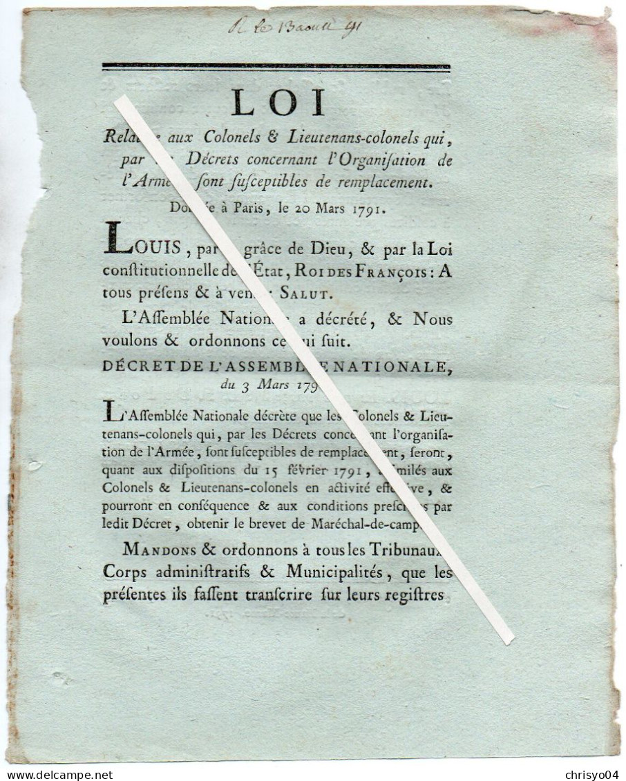 3V4x   Langres Loi 1791 Relative Au Remplacement Colonels Et Lieutenants Colonels Organisation Armée Française - Decreti & Leggi