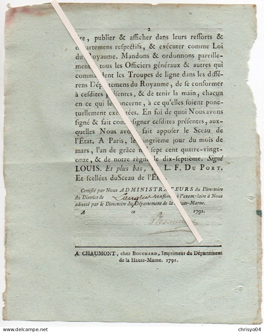 3V4x   Langres Loi 1791 Relative Au Remplacement Colonels Et Lieutenants Colonels Organisation Armée Française - Decreti & Leggi