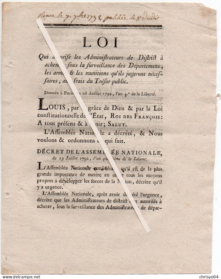 3V4x   Langres Loi 1792 Achat Armes Et Munitions Au Frais Du Trésor Public Armée Française - Décrets & Lois