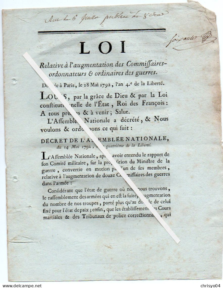 3V4x   Langres Loi 1792 Augmentation Des Comissaires Ordonnateurs & Ordinaires Des Guerres Armée Française - Decrees & Laws