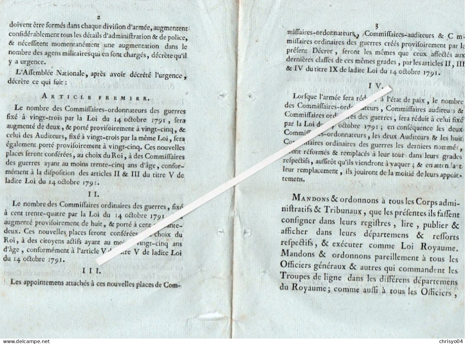 3V4x   Langres Loi 1792 Augmentation Des Comissaires Ordonnateurs & Ordinaires Des Guerres Armée Française - Décrets & Lois