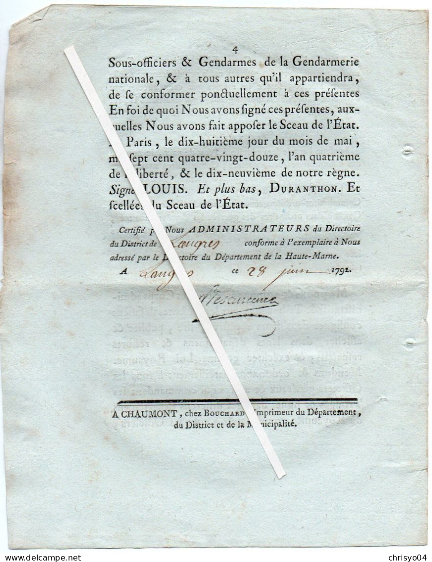 3V4x   Langres Loi 1792 Augmentation Des Comissaires Ordonnateurs & Ordinaires Des Guerres Armée Française - Decreti & Leggi