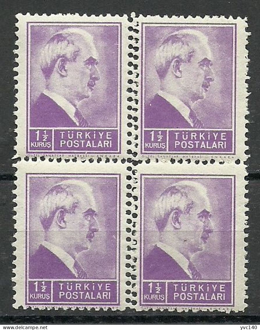 Turkey; 1942 1st Inonu Issue 1 1/2 K. ERROR "Double Perf." (Block Of 4) - Unused Stamps