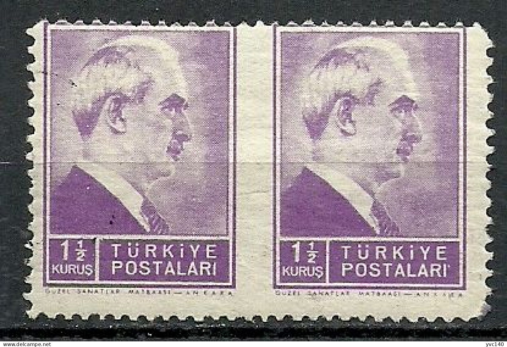 Turkey; 1942 1st Inonu Issue 1 1/2 K. ERROR "Partially Perf." - Unused Stamps