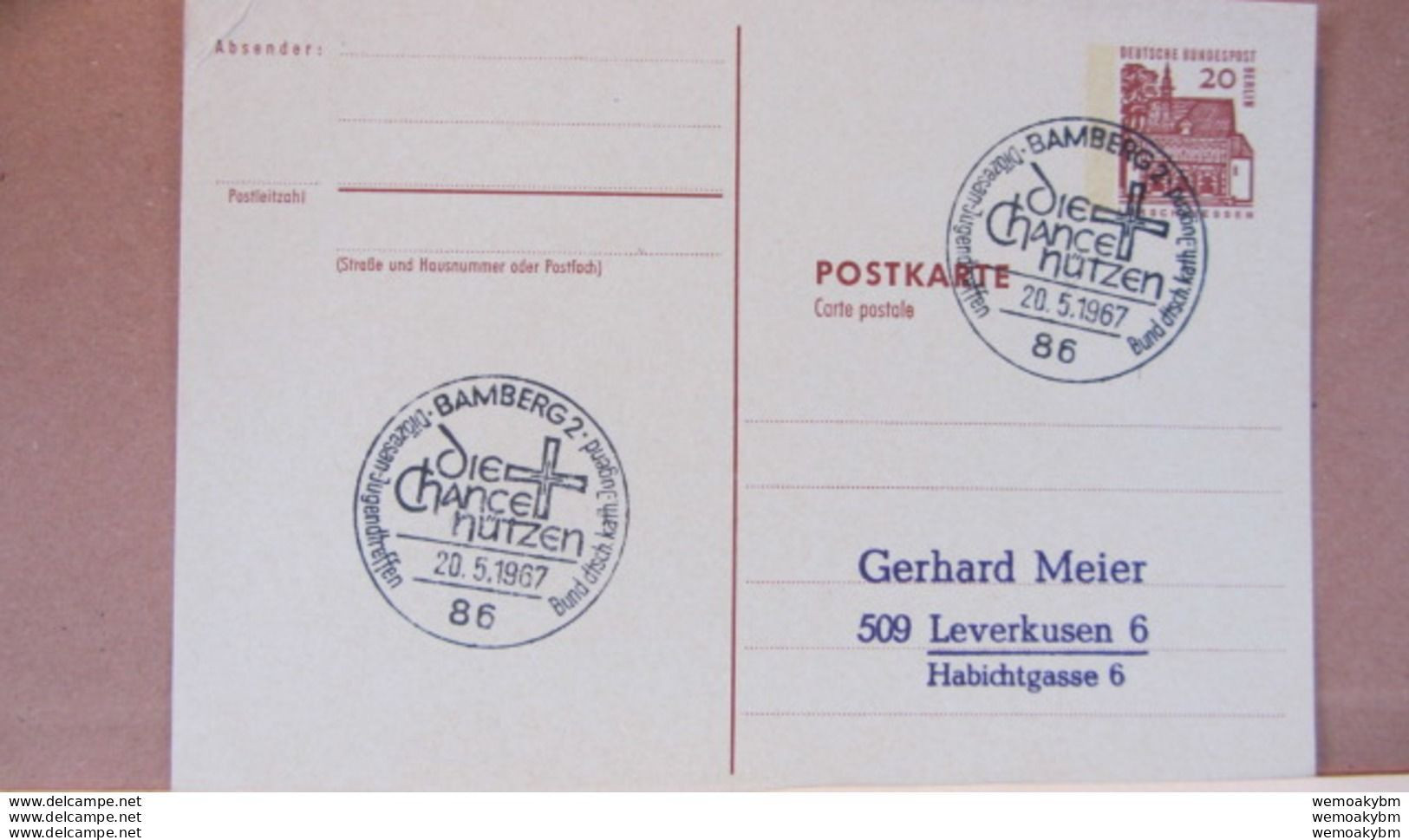 Berlin: GA P 65 SoSt. BAMBERG 2 "Diözesan-Jugendtreffen Bund Dt. Kath. Jugend" Vom 20.5.67 Mit 20 Pf Lorsch/Hessen - Postcards - Used