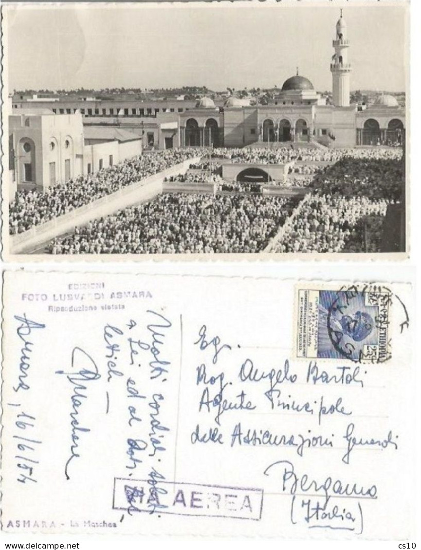 Eritrea (Ethiopia Period) B/w Pcard Asmara Mosque & Square With Crowd Airmail 17jun1954 To Italy With Selassiè C25 Solo - Erythrée