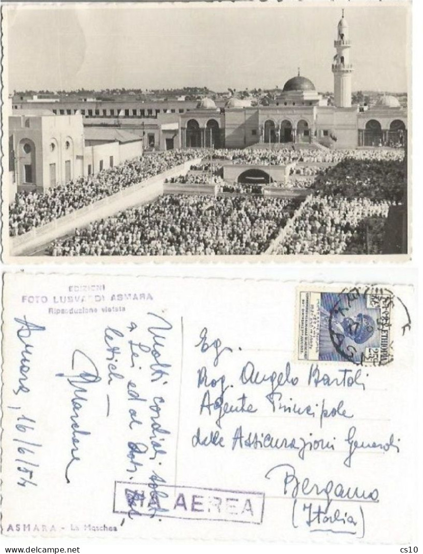 Eritrea (Ethiopia Period) B/w Pcard Asmara Mosque & Square With Crowd Airmail 17jun1954 To Italy With Selassiè C25 Solo - Äthiopien