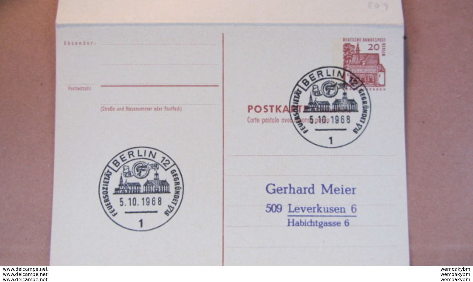 Berlin: GA P 67 SoSt. BERLIN 12 "Feuersozietät Gegründet 1718" Vom 5.10.68 Mit 20 Pf (braun) Lorsch/Hessen-Antwortteil * - Cartes Postales - Oblitérées