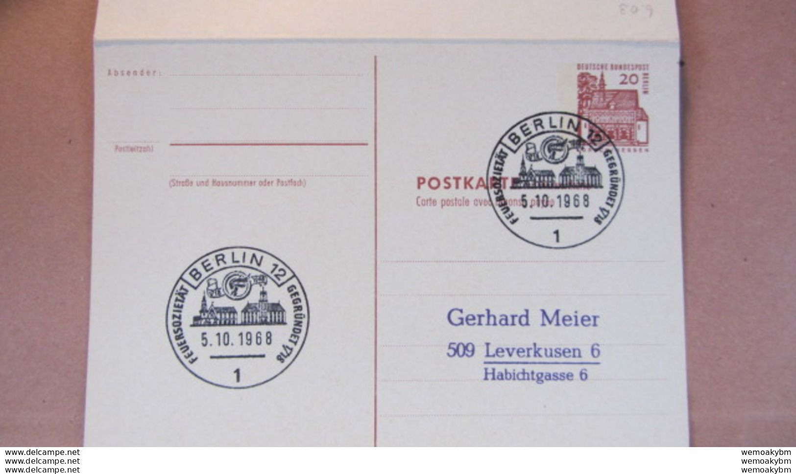 Berlin: GA P 67 SoSt. BERLIN 12 "Feuersozietät Gegründet 1718" Vom 5.10.68 Mit 20 Pf (braun) Lorsch/Hessen-Antwortteil * - Postcards - Used