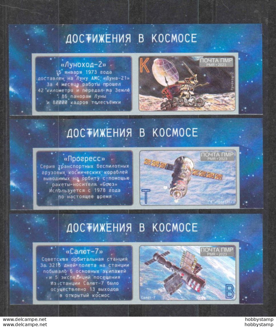 Label Transnistria 2023 Achievements In Space Lunokhod-2 - Progress - Salyut-7 3v**+ 3 Labels Imperforated - Vignettes De Fantaisie