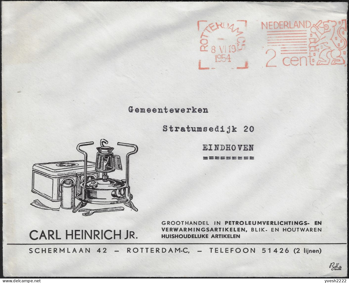 Pays-Bas 1954. Empreinte De Machine à Affranchir à 2 C, Tarif Imprimé Du 1/11/1946. Éclairage Et Chauffage Au Pétrole - Erdöl