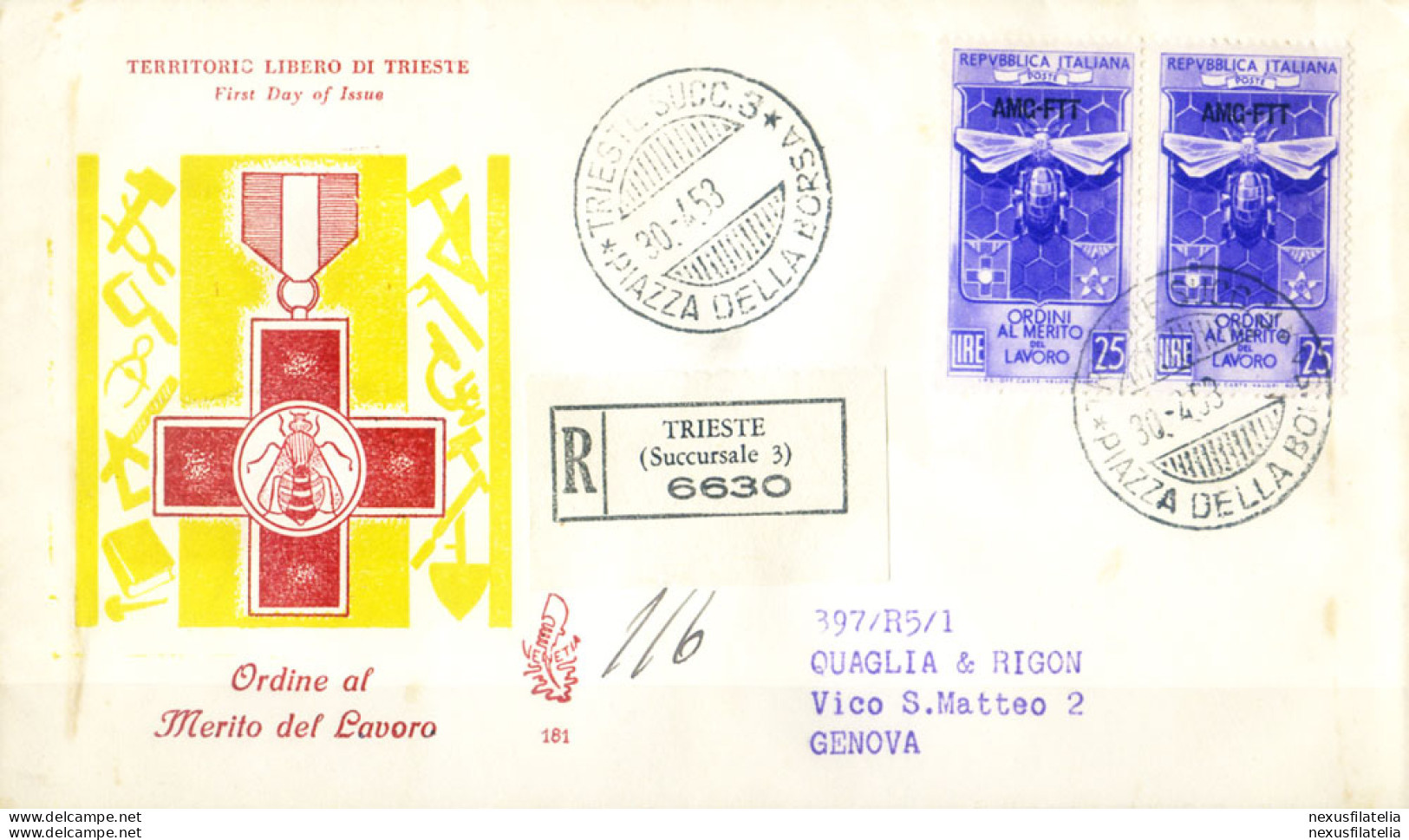 Zona A. Ordine Al Merito Del Lavoro FDC 1953. - Andere & Zonder Classificatie