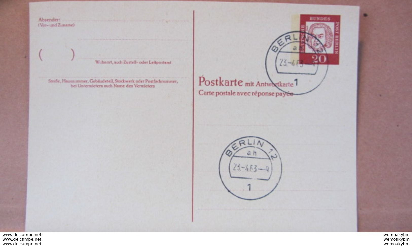 Berlin: GA P 55 F St. BERLIN 12  Vom 23.4.63 Mit 20 Pf Johann Sebastian Bach -Frageteil - Ohne Anschrift - Postales - Usados