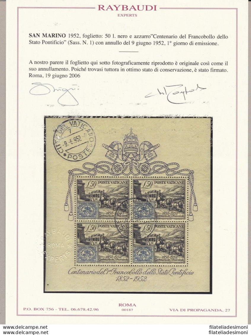 1952 Vaticano - BF N° 1  , Centenario Del Francobollo Dello Stato Pontificio, U - Blocks & Sheetlets & Panes