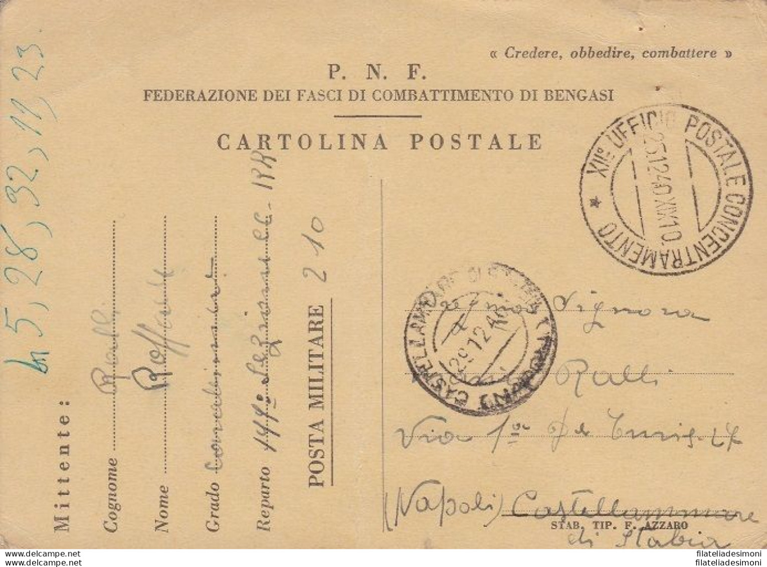 1940 LIBIA, CARTOLINA POSTALE P.N.F. FASCI BENGASI VIAGGIATA PER NAPOLI - Libya