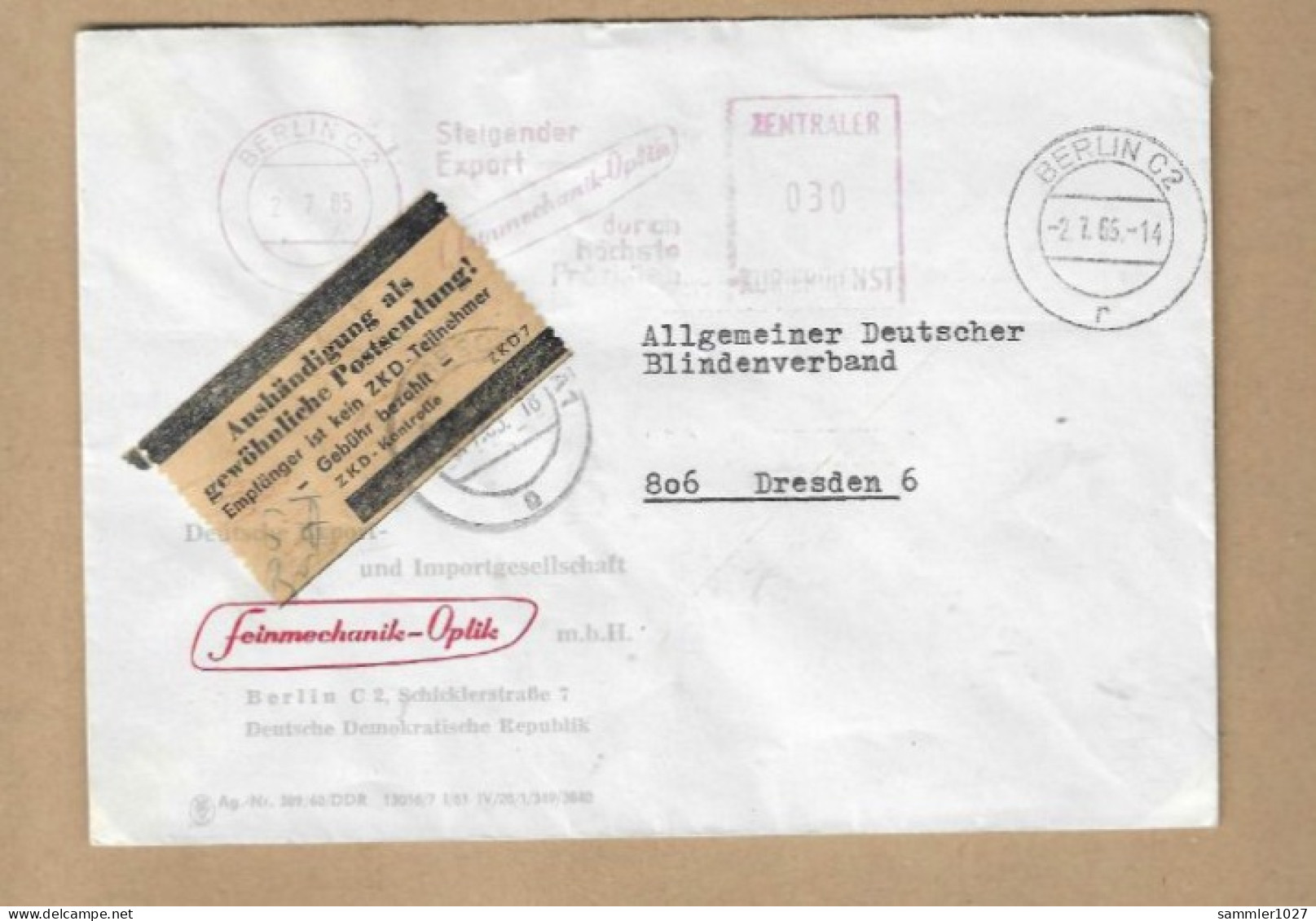 Los Vom 08.04 -  ZKD Brief Aus Berlin Nach Dresden 1965 Mit Aufkleber - Zentraler Kurierdienst