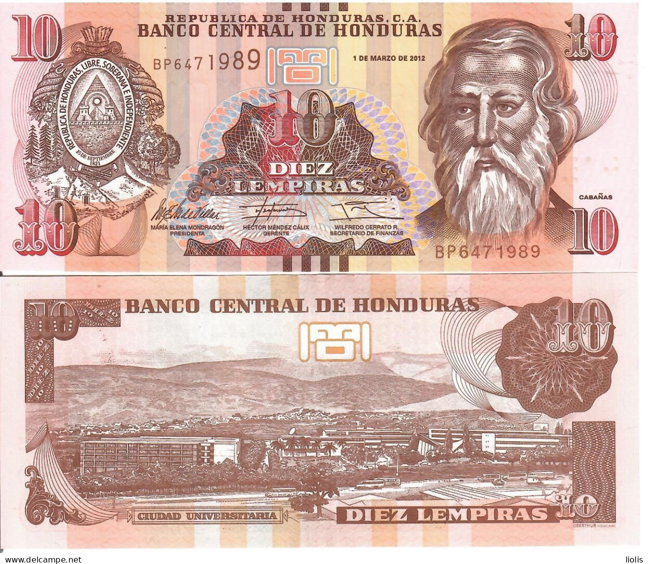 Honduras P-99a  10 Lempiras  2012  UNC - Honduras