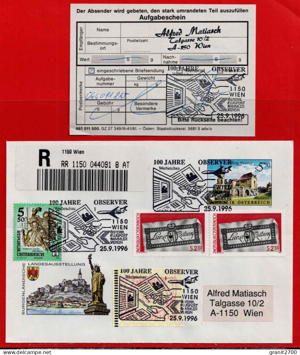 GS - Brief Reko Mit Sonderstempel 100 Jahre Observer Am 25.9.1996 + Aufgabeschein - Covers & Documents