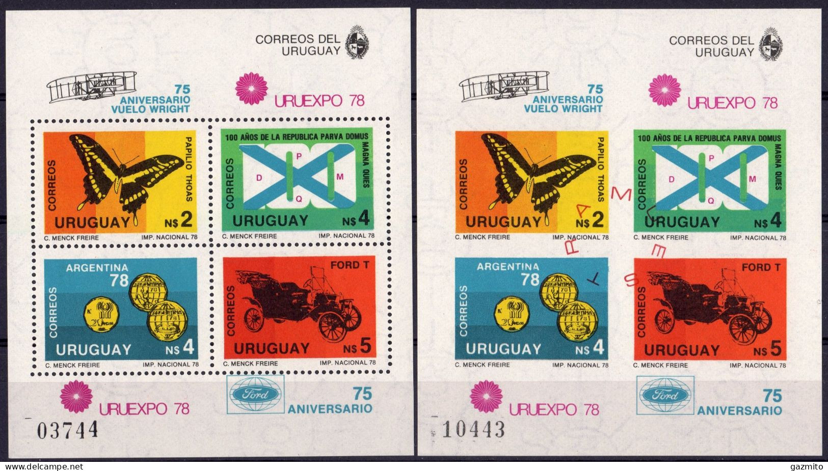 Uruguay 1978, Uruexpo 78, Butterfly, Old Car, BF+BF IMPERFORATED - Uruguay