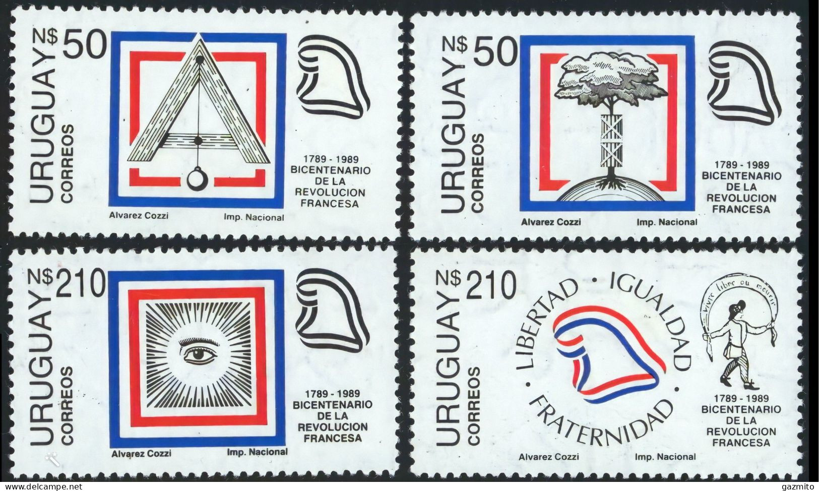 Uruguay 1989, 200th French Revolution, Massonery, 4val - Freemasonry