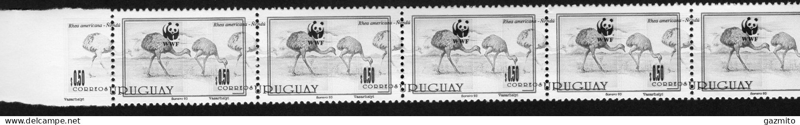 Uruguay 1993, WWF, Ostrich, ERROR, Strip - Straussen- Und Laufvögel