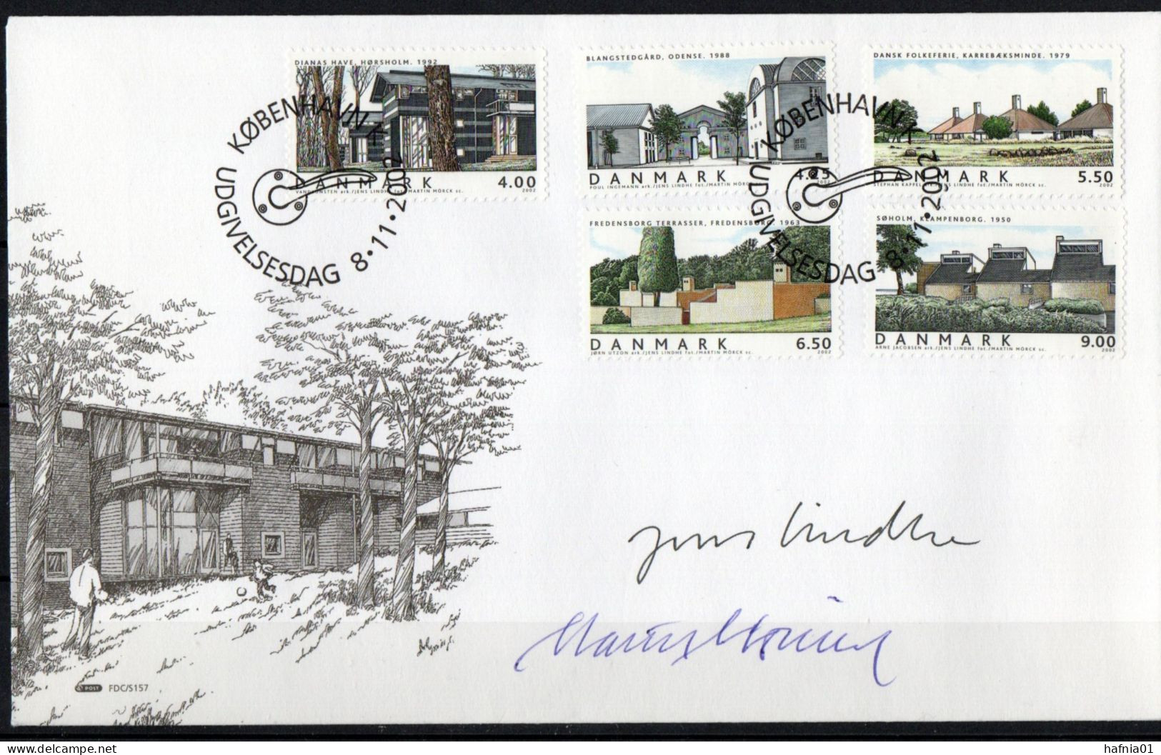 Martin Mörck. Denmark 2002. Residential Buildings. Michel 1321 - 1325. FDC. Signed. - FDC