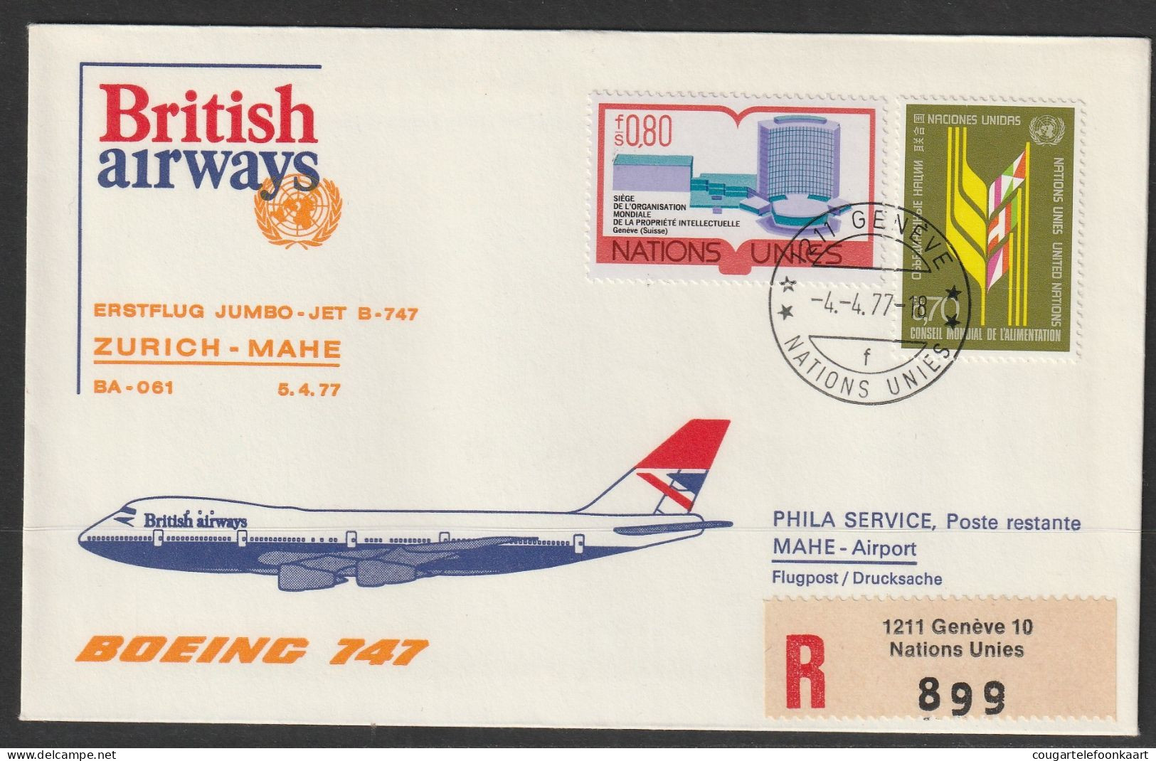 1977, British Airways, Erstflug, Genf UN - Mahe Seychelles - Erst- U. Sonderflugbriefe